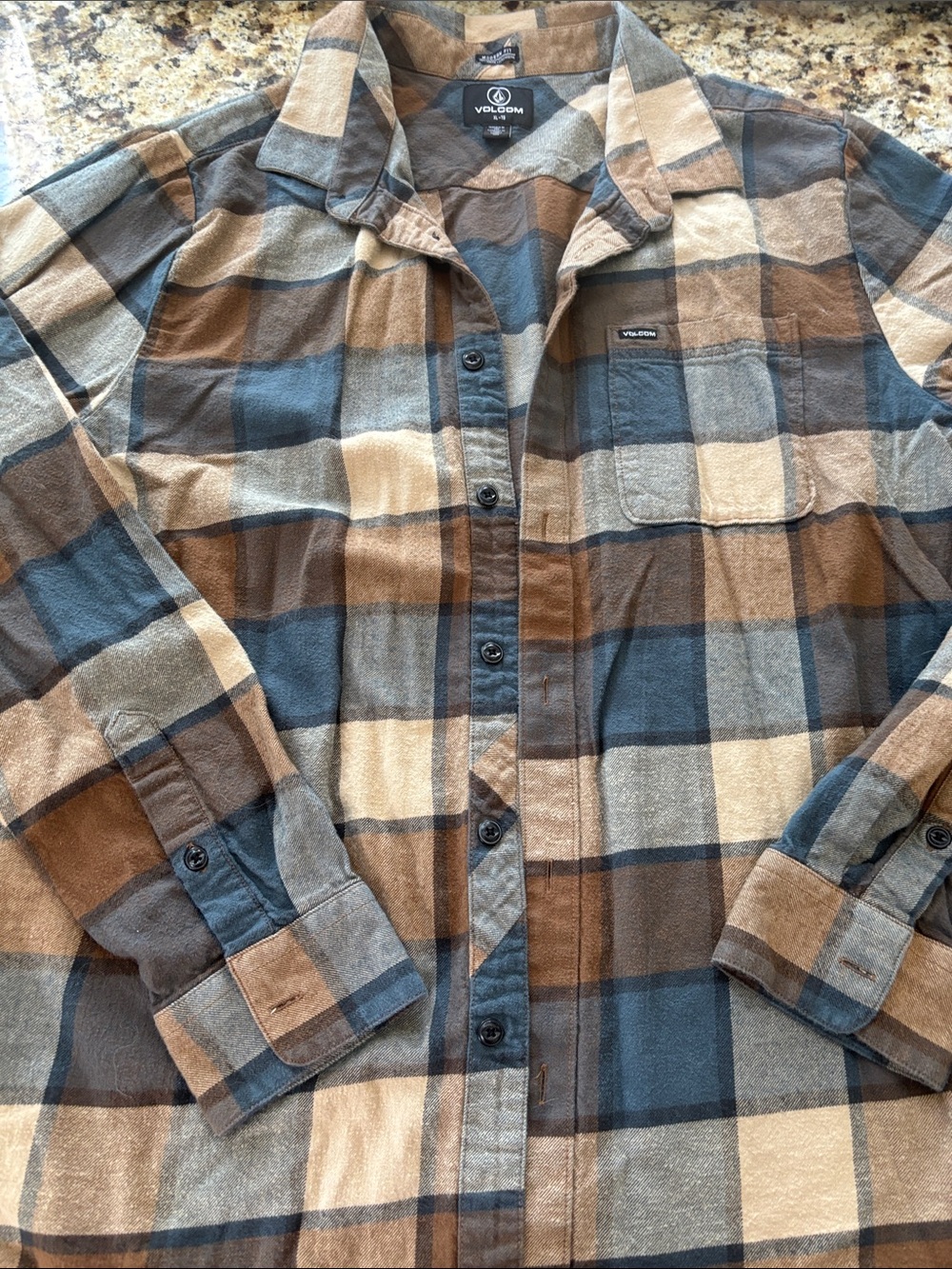 Volcom Men's Blue, Brown & Tan Plaid Button-Down Shirt